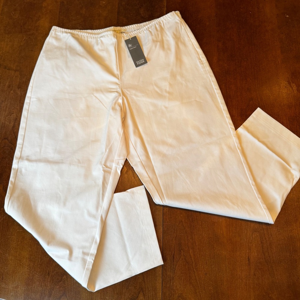 Eileen Fisher Pants Women L White Organic Cotton Stretch Twill Side Zip Straight